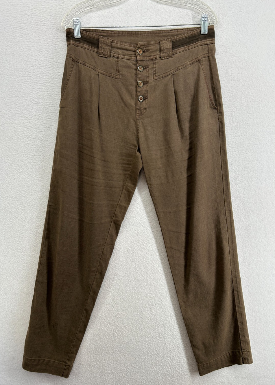 SUNDANCE Pants 8 Quinn Linen Tencel Trouser Button Fly Tapered Twill Brown